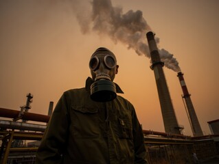 Person in gas mask poses near industrial chimneys, highlighting environmental concerns.