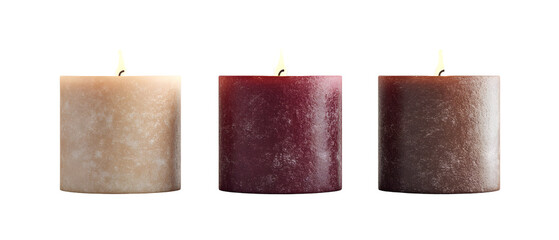 Elegant trio of burning candles against a stark black backdrop with soft lighting