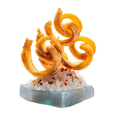 Dehydrated squid chip spirals balanced on wasabi rock salt base with chili mist effect, futuristic seafood design, isolated on white background