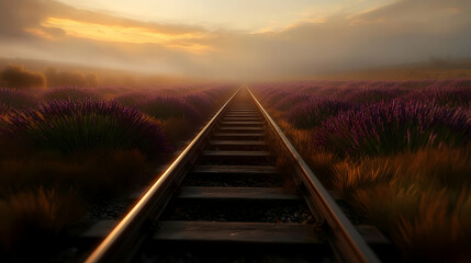 Scenic Train Tracks Through Lavender Field At Sunrise