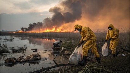 Men in protective suits collect waste while a field burns in the background under a smoky sky.