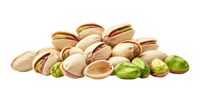 A pile of pistachios with shells and some without shells on a black background in a close up shot