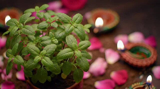 Holy Basil Plant with Green Leaves Surrounded by Pink Rose Petals and Lit Oil Lamps on Dark Wood for Diwali Festival Celebrations