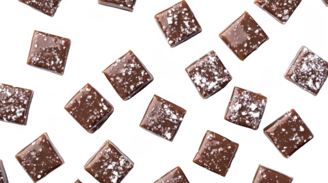 Delicious salted caramel candies scattered on a transparent background, PNG image, PNG file.