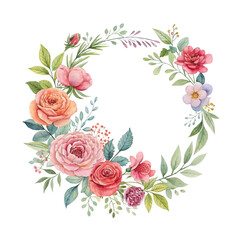 Cheerful bright pink watercolor floral wreath with lush blossoms, ideal for greeting cards, wedding designs, invitations, and spring-themed floral artwork