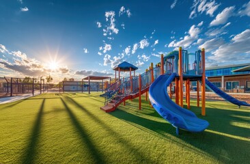 Playground equipment on green grass sunny day