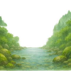 清流と霧の山を描いた静謐な屋久島フレーム（水彩・中央余白・透過PNG）