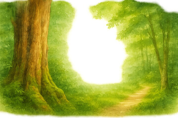 木道と苔むす巨木を描いた屋久島登山道の夏フレーム（水彩・中央余白・透過PNG）
