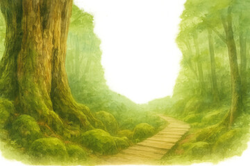 縄文杉と木漏れ日が差す小道を描いた屋久島の夏フレーム（水彩・中央余白・透過PNG）