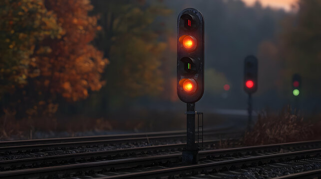 Pixelated Train Signal At Autumn Sunset