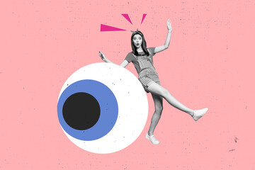 Trendy art creative full photo collage of shocked scared girl stand eyeball stare freemason...