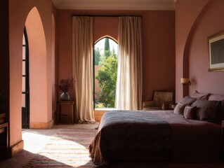 Elegant bedroom with arched doorways and warm color palette.