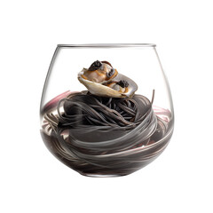 Cuttlefish ink noodles coiled inside a glass shell bowl with smoked oyster topper, ethereal gourmet dish, isolated on white background