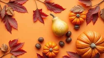 Fototapeta premium Autumn Harvest Still Life - Dried Leaves, Pumpkins, Pears, Nuts