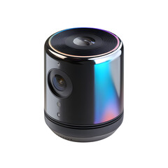 Description: A compact device projecting 3D holographic AI assistants, featuring a sleek cylindrical design with touch-sensitive controls. Isolated on a white background.