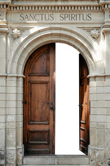 Sanctus Spiritus Church Entrance with Partially Open Wooden Doors