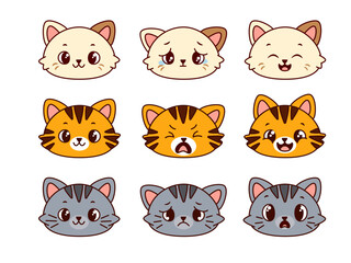 Fototapeta premium Cute cat faces with different emotions kawaii style kitten heads set in beige, orange and gray, perfect for emoji, stickers, childrens emotions learning and character design elements. Vector