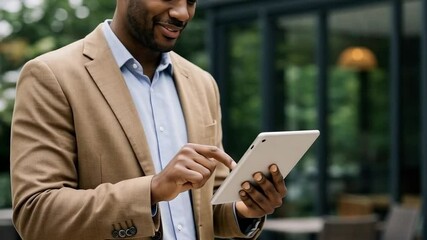 Smiling african american businessman using tablet outdoors - Powered by Adobe
