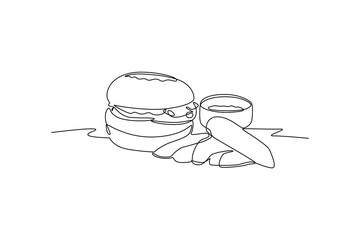 Continuous line drawing representing burger, fries, and sauce in minimalist style