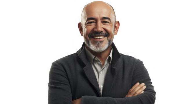 Smiling mature Latino man with salt and pepper beard, arms crossed on a transparent background, PNG image, PNG file. - Powered by Adobe