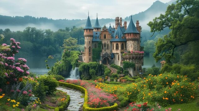 Charming fairytale castle perched atop a lush green hill, surrounded by blooming flowers, winding pathways and cascading waterfalls