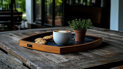 Wooden tray with coffee, cookies, and a small plant.