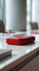 Red leather case on white table, showcasing a clean, minimalist aesthetic symbolizing organization, luxury, and professionalism