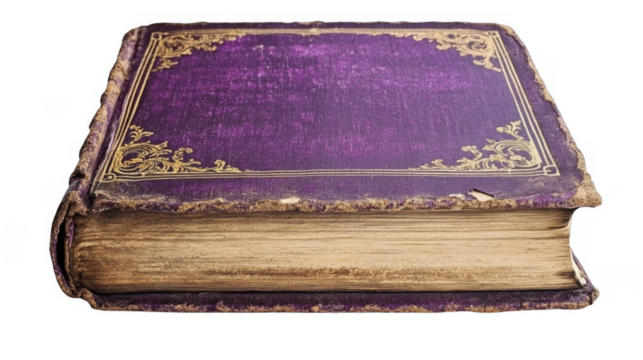 Antique purple book with gilded decorations on a transparent background, PNG image, PNG file.