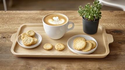 Wooden tray with coffee, cookies, and a plant.