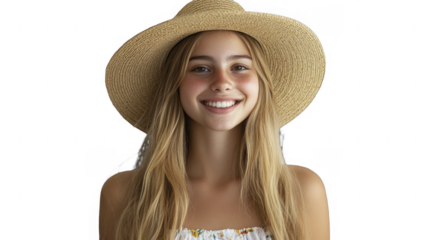 Smiling young woman with straw hat on a transparent background, PNG image, PNG file.