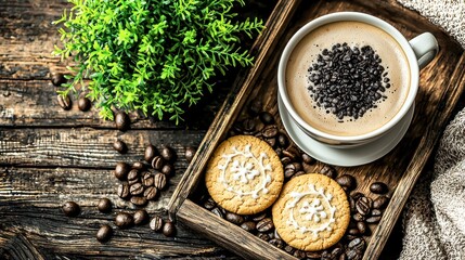 Wooden tray filled with coffee and cookies, a still life scene.