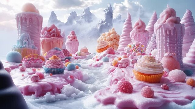 Whimsical world of mountains made of candies and marshmallows, river made of sugar syrup runs through this sweet landscape