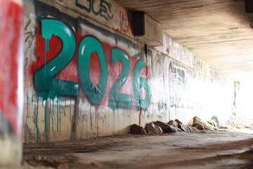 Graffiti underpass whispers urban time-travel vibes, dystopian art journey, symbolic countdown mural marking International Street Art Day