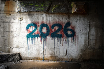 Graffiti '2026' drips ornately on crumbling urban canvas, evoking New Year's anticipation and Leap Year Day imaginings