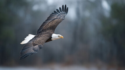 Fototapeta premium Majestic bald eagle soaring through misty twilight, embodying freedom with each wingbeat, evokes Independence Day's spirit, symbol of resilience