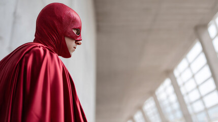 Crimson-caped hero in modern cathedral of glass, symbolizing mythical resilience, World Book Day, superhero folklore revival