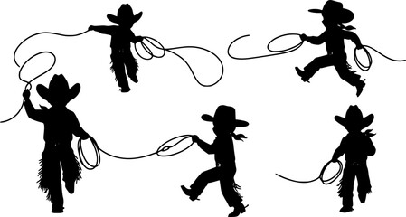 set of Vector silhouettes of a young cowboy and cowgirl children playing. A young little cowboy with a lasso rope is chasing and roping a young cowgirl.
. with white background