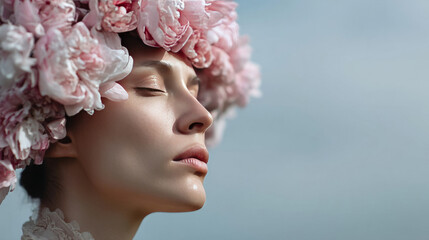 Serene Caucasian woman adorned with blooming peony crown, embodying Beltane's floral symphony and ephemeral spring's breath