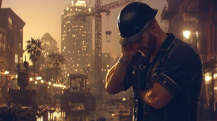 A pensive construction worker amidst a vibrant urban landscape.