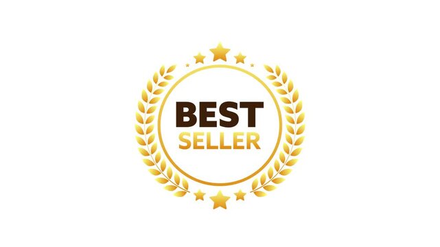 Golden best seller award with laurel wreath and stars rotating on white and green screen