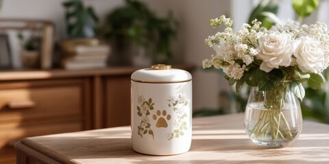 Elegant White Ceramic Pet Urn with Gold Paw Print and Photo on Wooden Table