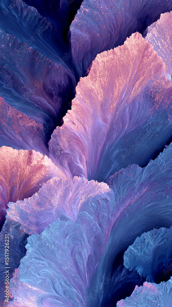 Poster abstract image with blue and purple textured swirls, resembling flowing fabric or ice crystals, crea