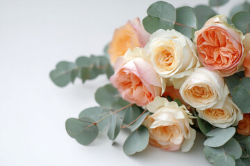 Peach-tinged roses nestle in eucalyptus, whispering spring equinox secrets and invoking calming rituals of Hanami celebrations