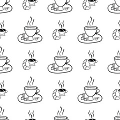 Seamless pattern with vector doodle cup and croissant. Can be used for making wallpaper, fabrics and other types of products