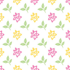 Seamless pattern with vector leaves and flower. Floral illustration. Can be used for making wallpaper, fabrics and other types of products
