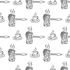 Seamless pattern with vector doodle cup and coffee turk. Can be used for making wallpaper, fabrics and other types of products