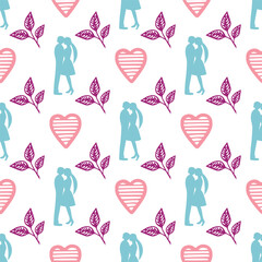 Seamless pattern with vector leaves, hearts and couple of lovers. Romantic illustration. Can be used for making wallpaper, fabrics and other types of products