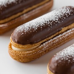 A crisp photo of a chocolate éclair on a clean white surface – éclair wallpaper – bakery wallpaper – éclair image

