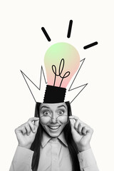 Poster image vertical photo collage of happy businesswoman cut head light bulb idea finding power...