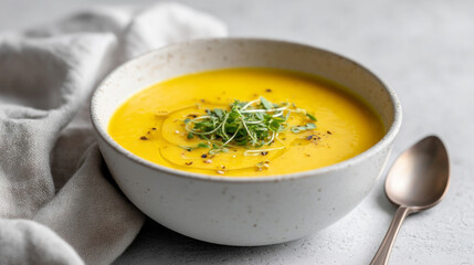 Golden turmeric soup, velvety nourishment in porcelain, perfect for Hygge comfort, Diwali warmth, nestled on rustic linens